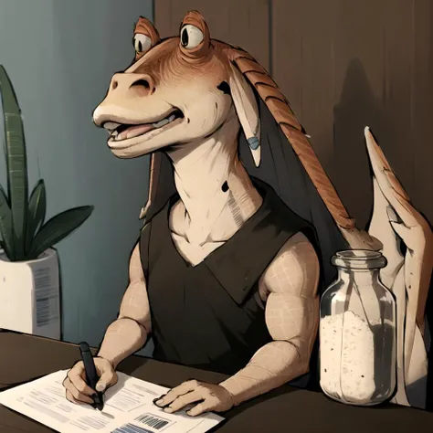 masterpiece, best quality, jar jar binks, chibi, 1girl, white outline, young woman, bandaid on ear, macho, office, top-down bottom-up, <lora:WindWakerLora-40:0.8> <lora:jarJarBinksGunganStar_v3:0.6>