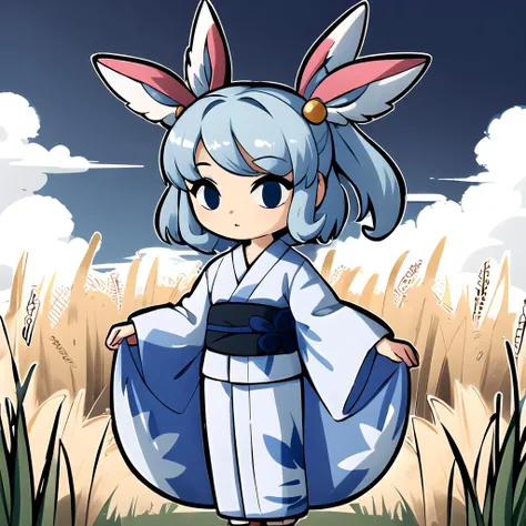 masterpiece, best quality, sylveon, chibi, 1girl, white outline, young woman, yukata lift, ethereal, field of wheat, w armskneeling, <lora:WindWakerLora-40:0.8>