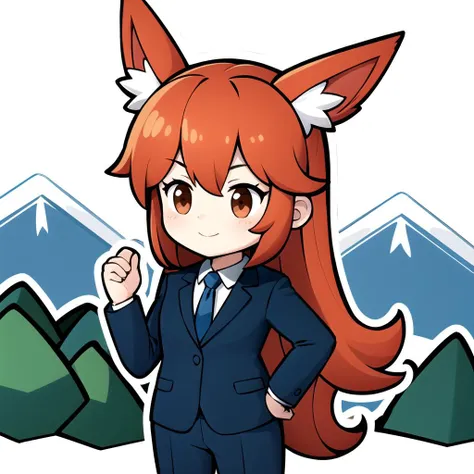 masterpiece, best quality, flareon, chibi, 1girl, white outline, young woman, businessman costume, delightful, mountain, feminine pose, <lora:PaperMarioLora-40:0.6>