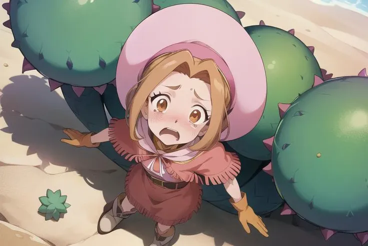 (masterpiece, best quality:1.3), (anime art style:1.3), perfect anatomy, (perfect hands), 1girl, (establishing shot front view from above:1.3), (Desert wasteland, surrounded by horde of monsters looking away from viewer), (cactus palm tree tumbleweed), detailed beautiful face, clenched teeth horrified tears crying terrified scared heavy sweating, volumetric lighting, volumetric shading, high resolution, extreme detail, Romanticism,, MimiDigi, Mimi Tachikawa, (long wavy light brown hair, Face-Framing Bangs, light brown eyes), (a-line Fringe red Dress, red fringe shawl, pink small stetson hat with drawstring, wide brown waist belt, leather gloves, pink socks, boots), (Katsuyoshi Nakatsuru \(style\), Digimon Adventure \(style\), Katsuyoshi Nakatsuru) official style, official art, anime screencap, anime coloring <lora:MimiDigi:0.8>