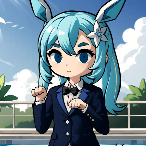 masterpiece, best quality, glaceon, chibi, 1girl, white outline, young woman, suit with lapel flower, thought-provoking, swimming pool, paw pose, <lora:WindWakerLora-40:0.8>