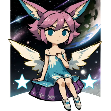 masterpiece, best quality, espeon, chibi, 1girl, white outline, young woman, winged footwear, weird, space, figure four sitting, <lora:WindWakerLora-40:0.8>