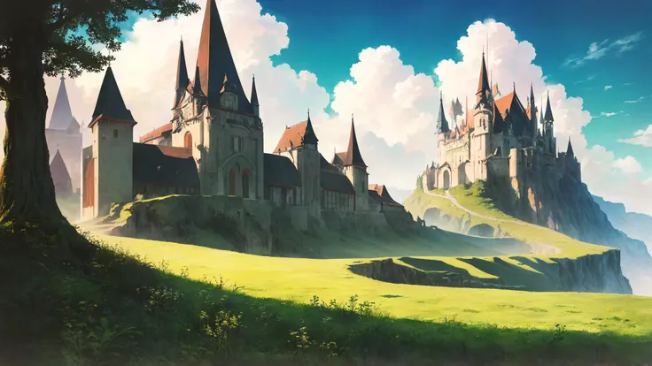 anime castle with a green field and a blue sky