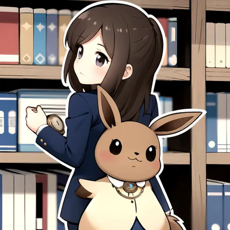 masterpiece, best quality, eevee, chibi, 1girl, white outline, young woman, suit with pocket watch, funny, library, hug from behind, <lora:PaperMarioLora-40:0.6>