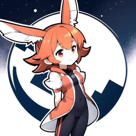 masterpiece, best quality, flareon, chibi, 1girl, white outline, young woman, Feite Nationality, fascinating, lunar base, arms behind back, <lora:PaperMarioLora-40:0.6>