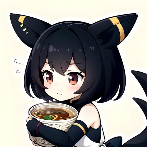 masterpiece, best quality, umbreon, chibi, 1girl, white outline, young woman, Arm sleeves, conversational, ramen shop, fetal position, <lora:PaperMarioLora-40:0.6>