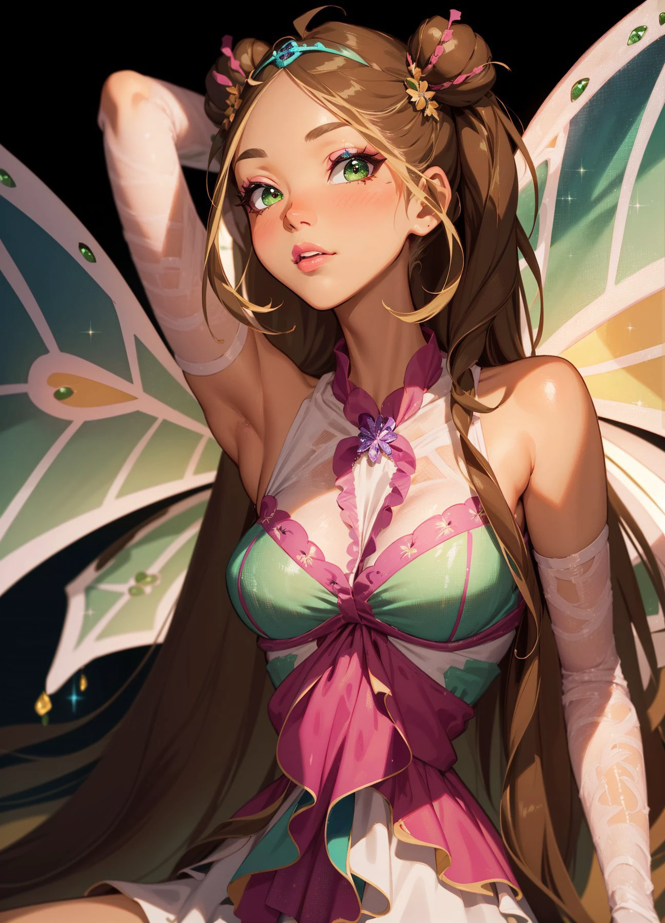 ((masterpiece)), (best quality), official art, extremely detailed CG, unity 8k wallpaper, ultra detailed, highly detailed, detailed background, vivid color, photorealistic, perfect lighting, best illumination, 32k,
S030_EkaterinaShiryaeva,(Flora:1.5), dress, pink and green fairy wings, sparkling clothing, brown hair, green eyes, long hair, gloves, gems, glitter), right hand behind her head, looking at viewer
white background, plain background, solid color background, knee-up-shot,
neon lighting, dark romantic lighting, gradients, dynamic pose,
<lora:WinxClubEnchantixFlora-10:0.8> , prettify, OverallDetail, prettyeyes, SkinDetail, fFaceDetail