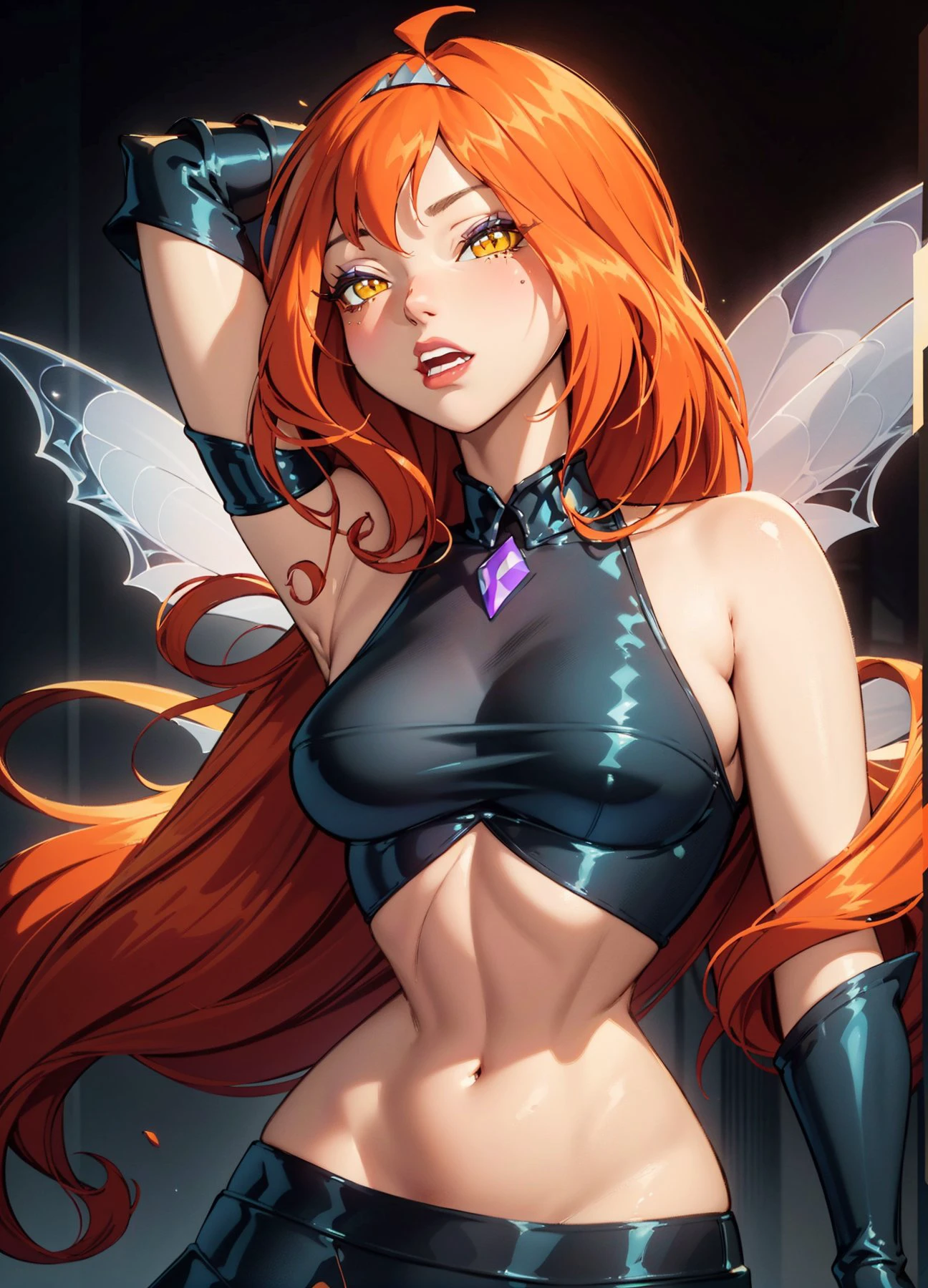 ((masterpiece)), (best quality), official art, extremely detailed CG, unity 8k wallpaper, ultra detailed, highly detailed, detailed background, vivid color, photorealistic, perfect lighting, best illumination, 32k,
S030_EkaterinaShiryaeva, (Dark Bloom), (orange hair, yellow iris, bangs, long hair), (fairy outfit), (black skirt, gloves, black shirt, sparkling clothing, fairy wings, tiara, gems, glitter), right hand behind her head, looking at ciewer
white background, plain background, solid color background, knee-up-shot,
neon lighting, dark romantic lighting, gradients, dynamic pose,
<lora:WinxClubDarkBloom:0.8> , prettify, OverallDetail, prettyeyes, SkinDetail, fFaceDetail