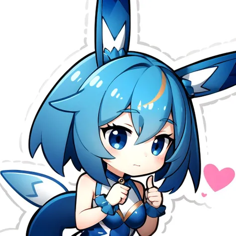masterpiece, best quality, glaceon, chibi, 1girl, white outline, young woman, chastity cage, engaging, jungle, finger heart, <lora:PaperMarioLora-40:0.6>