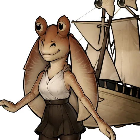 masterpiece, best quality, jar jar binks, chibi, 1girl, white outline, young woman, high-waisted tights, layered, ship, carrying, <lora:jarJarBinksGunganStar_v3:0.6> <lora:PaperMarioLora-40:1.3>