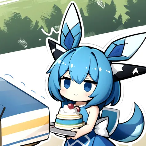 masterpiece, best quality, glaceon, chibi, 1girl, white outline, young woman, yellow dresscake dress, gentle, farm, carrying over shoulder, <lora:PaperMarioLora-40:0.6>