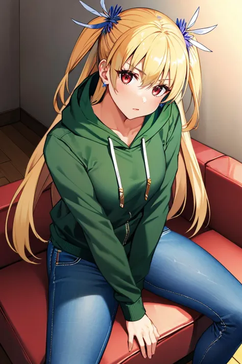 masterpiece, best quality, alisa reinford, two side up, looking at viewer, green hoodie, jeans, couch, sitting, from above, bored <lora:alisa-nvwls-v2-000009:0.9>