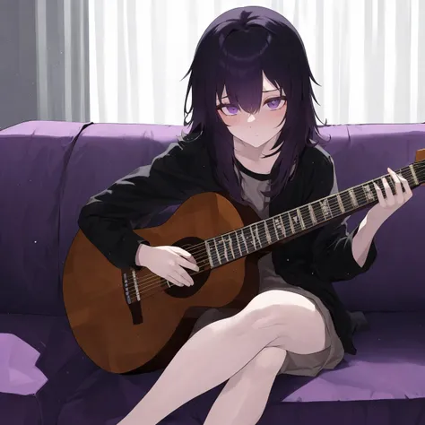 (masterpiece, best quality:1.2), dust, godrays,  1girl, black_hair, purple_eyes, beautiful, <lora:anime_guitarv1:0.7>, acoustic guitar, guitar, apartment, sitting_on_couch, particle, serene, white_couch, morning, morning_hair, messy_hair