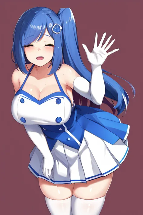 <lora:iechan:1>,iechan,long blue hair,hair ornament,large breasts,bare shoulders,white elbow gloves.collarbone,side ponytail,white thighhighs,blue dress,pleated skirt,waving arm,simple background,eyes closed,happy,open mouth,