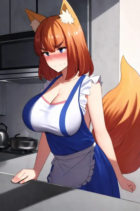 masterpiece, best quality, firefox-chan, naked_apron, blushing, furrowed brow, kitchen, (Large_breasts:1.5), <lora:firefox-nvwls-v1:0.8>