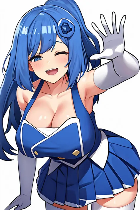 <lora:iechan:1>,iechan,long blue hair,hair ornament,large breasts,bare shoulders,white elbow gloves.collarbone,side ponytail,white thighhighs,blue dress,pleated skirt,waving arm,simple background,eyes closed,happy,open mouth,