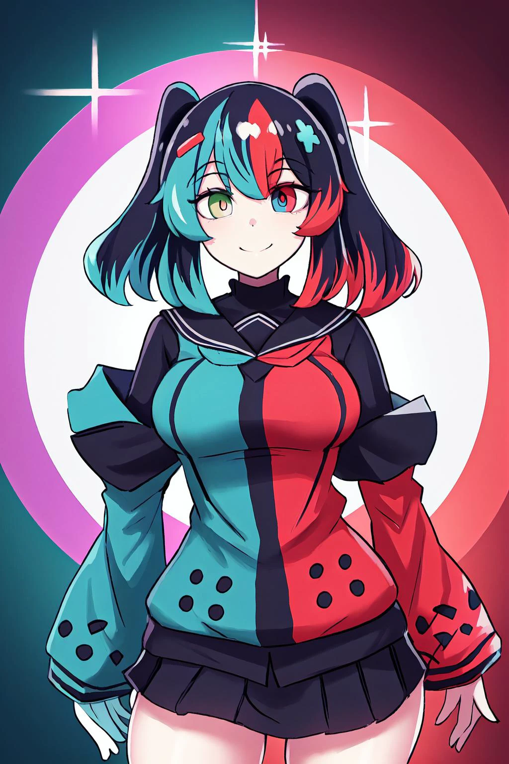 Highly detailed, High Quality, Masterpiece, beautiful, Switch-chan, light smile, looking at viewer, closed mouth, heterochromia, cowboy shot,medium_breasts, sweater, <lora:Switchchan:0.6>, colorful, saturated