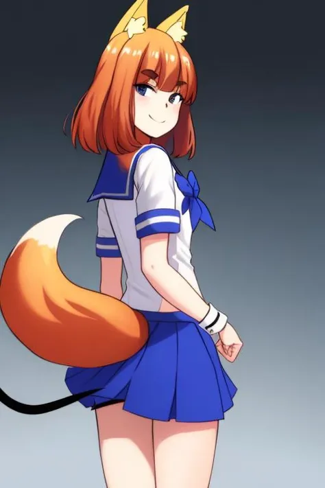 masterpiece, best quality, firefox-chan, bowtie, school uniform, sailor collar, blue pleated skirt, wrist cuffs, cowboy shot, from behind, looking back, smile, (abstract background, green background, geometric patterns:0.7), tail ><lora:firefox-nvwls-v1:0.9>