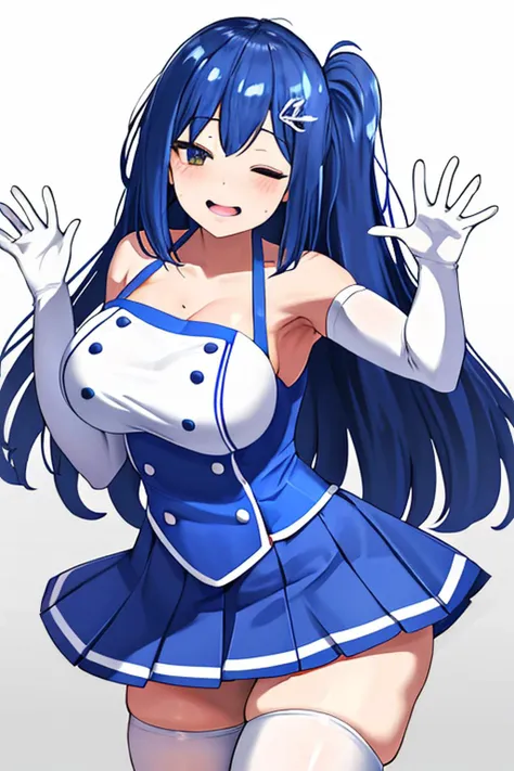 <lora:iechan:1>,iechan,long blue hair,hair ornament,large breasts,bare shoulders,white elbow gloves.collarbone,side ponytail,white thighhighs,blue dress,pleated skirt,waving arm,simple background,eyes closed,happy,open mouth,