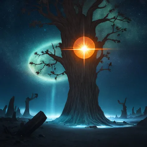 Masterpiece, best quality, desert, eclipse, lens_flare, glowing blue giant tree, world tree, magical, glowing multicolored leaves falling, world collapsing, multiverse, highly detailed and intricate art