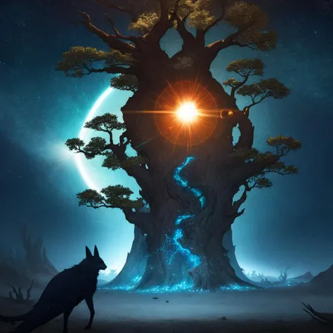 Masterpiece, best quality, desert, eclipse, lens_flare, glowing blue giant tree, world tree, magical, glowing multicolored leaves falling, world collapsing, multiverse, highly detailed and intricate art