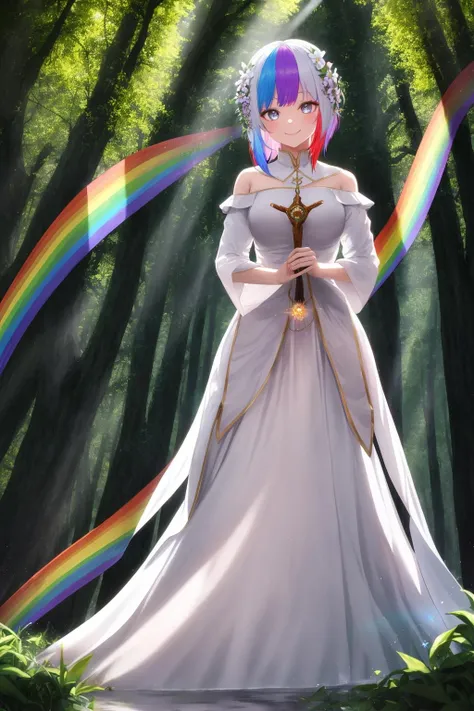 masterpiece, best quality, rainbow_hair, rainbow_eyes, white_glowing dress, nature, forest, water, flowers, smile, serene, lens_flare, multicolored_hair, multicolored_eyes, holding, magic, symbols, mana, energy, fantasy, medieval, 1girl, solo