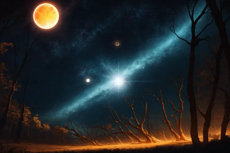 Masterpiece, best quality, desert, eclipse, lens_flare, glowing blue giant tree, world tree, magical, glowing multicolored leaves falling, world collapsing, multiverse, highly detailed and intricate art