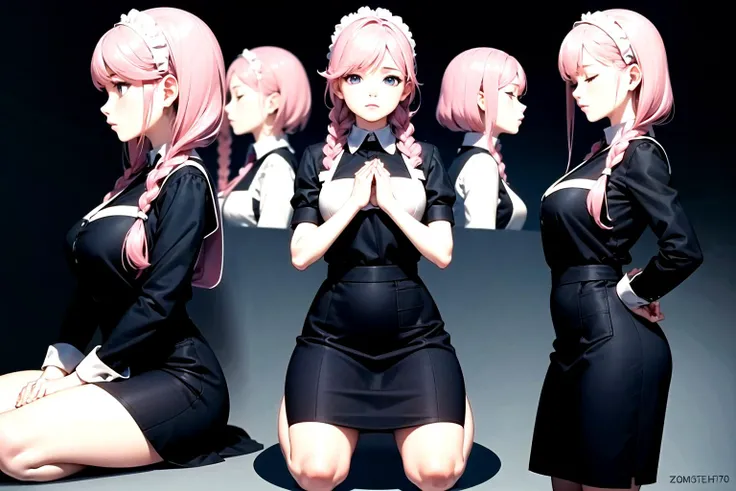 (detailed face and eyes:1.3),
NSFW, 1girl, solo focus, Zoomed Out, Masterpiece, best quality, (style of a 70s movie:1.1), From Side, Looking Away, 1Girl, Mature female, Adult, Calm, Easygoing expression, On Knees, Praying, Own Hands Together, Closed Eyes, Maid apron, Witch Outfit, Big Hair, Twin Braids, Split-color Hair, Grey Hair, Pink Hair,(full body:1.1)
Ultra-detail,(highres:1.1),best quality,(masterpiece:1.3),cinematic lighting,