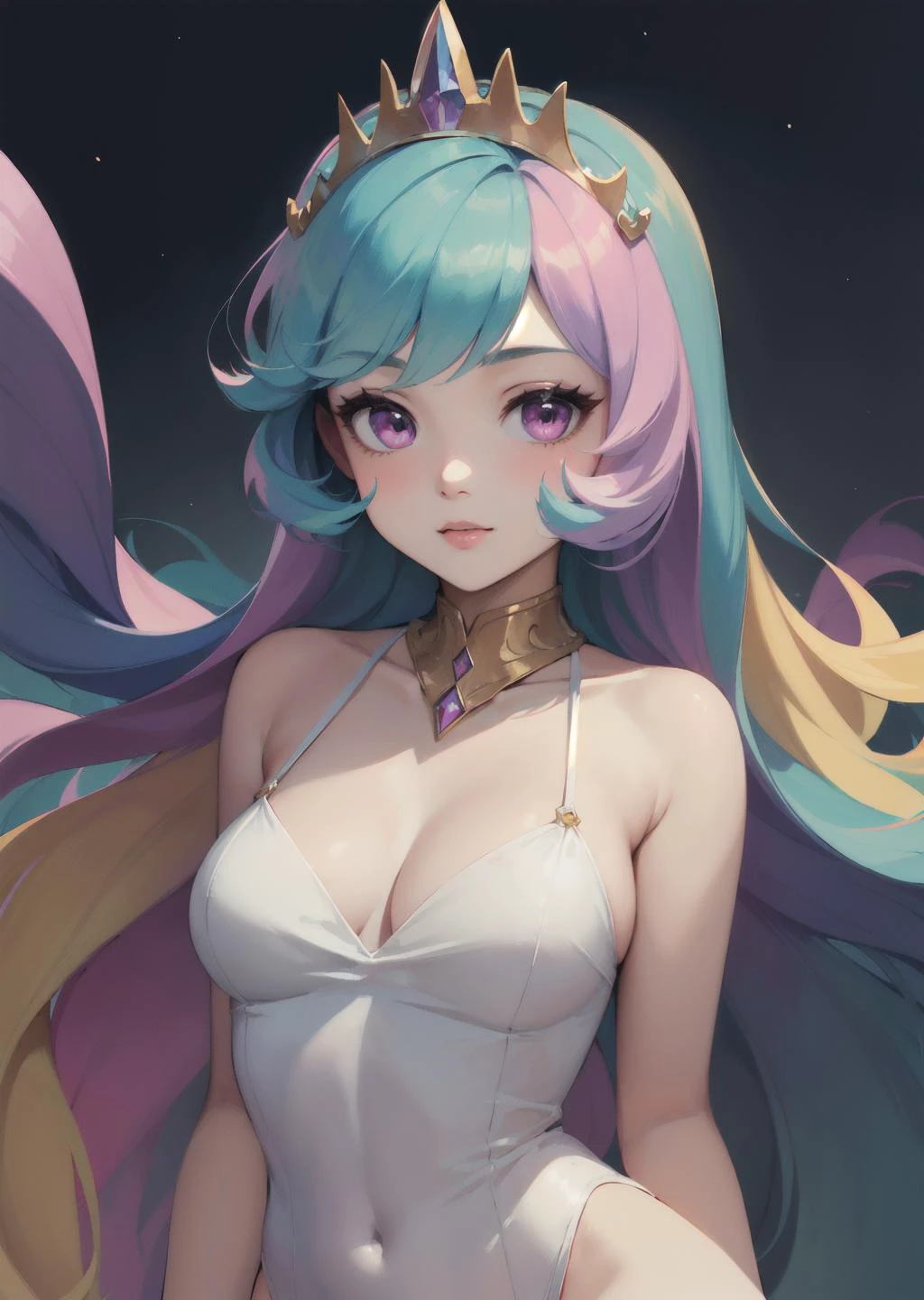 masterpiece, best quality, princess_celestia, crown, regalia, Beautiful Art Style, 1girl, young woman,micro panties, disgusting, sunset, heads together,cosmic, <lora:celestia:0.6>, 1girl, multicolored hair, multicolored eyes, multicolored_dress, (multicolored_background:1.4)