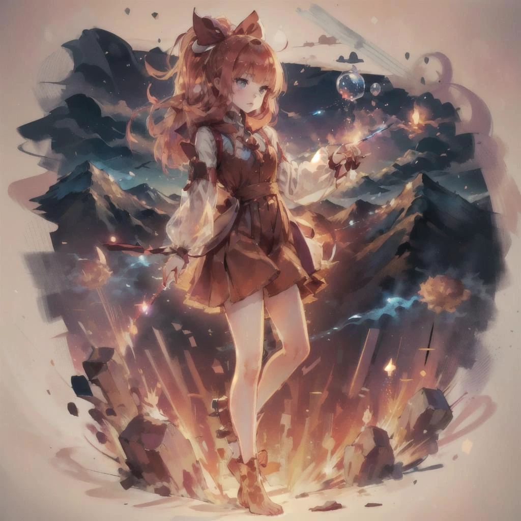 masterpiece, best quality, <lora:potofu:0.8>, Beautiful Art Style, 1girl, young woman, Bubble Sleeve/Princess Sleeve, intellectual, mountain, on tiptoes, misako \(rcg\), <lora:kyokoMisakoRiverCity_kyokov10:0.7>, human on fire, red fire, <lora:on_fire10:0.8>