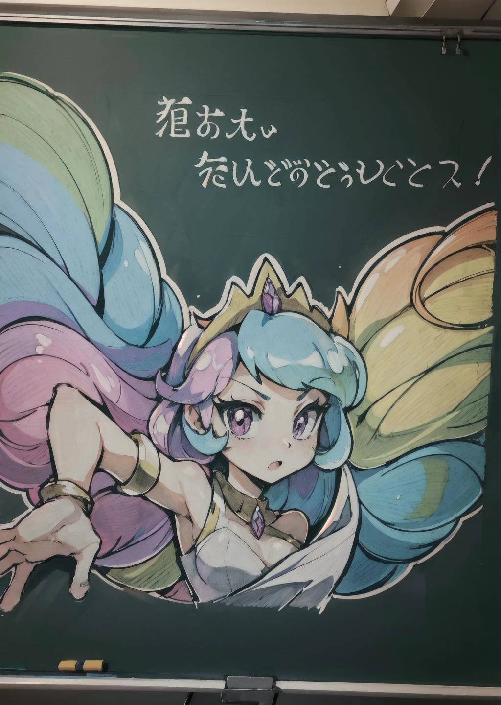 masterpiece, best quality, princess_celestia, crown, regalia, Beautiful Art Style, 1girl, young woman,military web belt, elusive, colosseum, full scorpion,cosmic, <lora:celestia:0.6>, chalkboard, traditional media, chalk outline, <lora:blackboard:0.8>