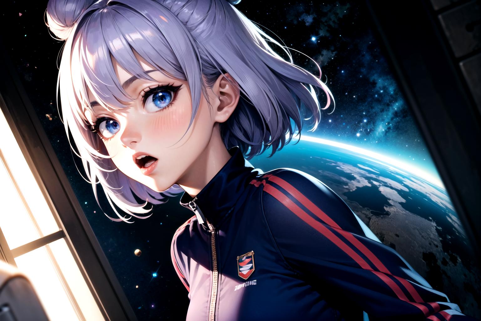 Anime girl with purple hair and blue eyes looking out a window - SeaArt AI