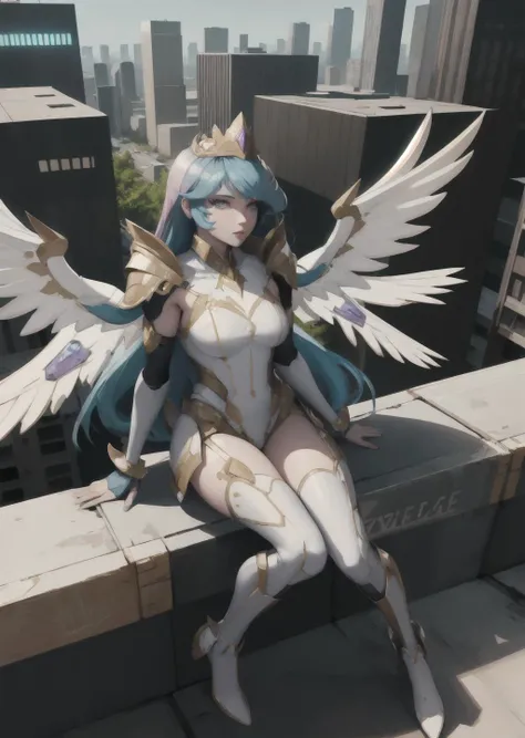 masterpiece, best quality, princess_celestia, crown, regalia, Beautiful Art Style, 1girl, young woman,Wing hug, untidy, cyberpunk city, on tiptoes,cosmic, <lora:celestia:0.6>, armorsuit, <lora:ArmorSuit_v1:0.8>