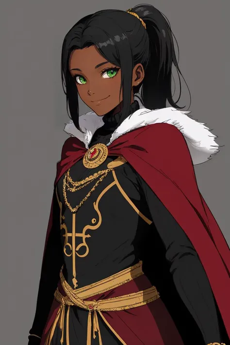 simple_artstyle, anime_coloring, masterpiece, best quality, absurdres, ultra-detailed, intricate, masterpiece, best quality, absurdres, ultra-detailed, intricate, 1girl, green eyes, black hair, black woolen armor, hair_over_one_eye, ponytail, fantasy, medieval, dark_skin, dark-skinned female, wide_smile, goofy, fur-trimmed_cape,