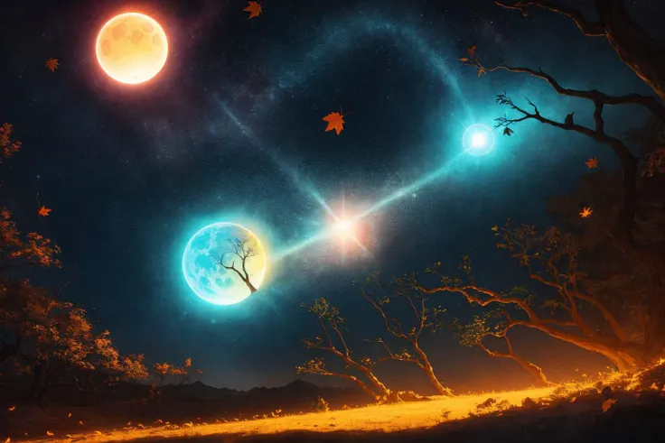 Masterpiece, best quality, desert, eclipse, lens_flare, glowing blue giant tree, world tree, magical, glowing multicolored leaves falling, world collapsing, multiverse, highly detailed and intricate art