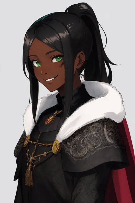 simple_artstyle, anime_coloring, masterpiece, best quality, absurdres, ultra-detailed, intricate, masterpiece, best quality, absurdres, ultra-detailed, intricate, 1girl, green eyes, black hair, black woolen armor, hair_over_one_eye, ponytail, fantasy, medieval, dark_skin, dark-skinned female, wide_smile, goofy, fur-trimmed_cape,