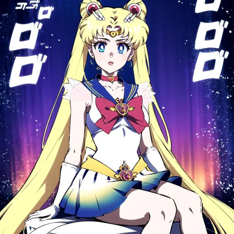 masterpiece, best quality, supersailormoon, <lora:super_sailor_moon:0.8>, MenacingJojo, text, Beautiful Art Style, 1girl, young woman, ribbon choker, epic, fall, sitting parallel to the camera, hand on knee, <lora:MenacingJojo:1>