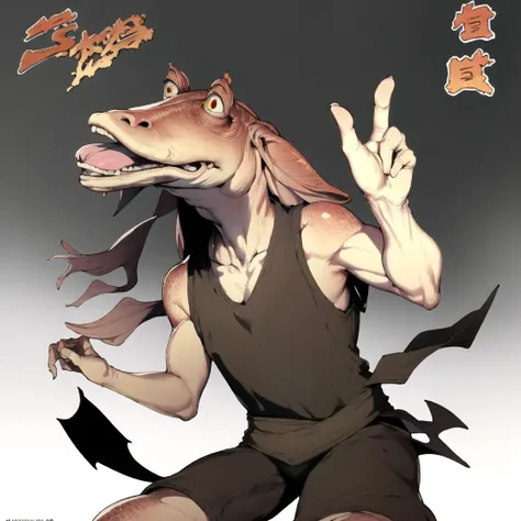 masterpiece, best quality, jar jar binks, MenacingJojo, text, Beautiful Art Style, 1girl, young woman, zombie costume, moody, airport, inugami-ke no ichizoku pose, <lora:MenacingJojo:1> <lora:jarJarBinksGunganStar_v3:0.6>