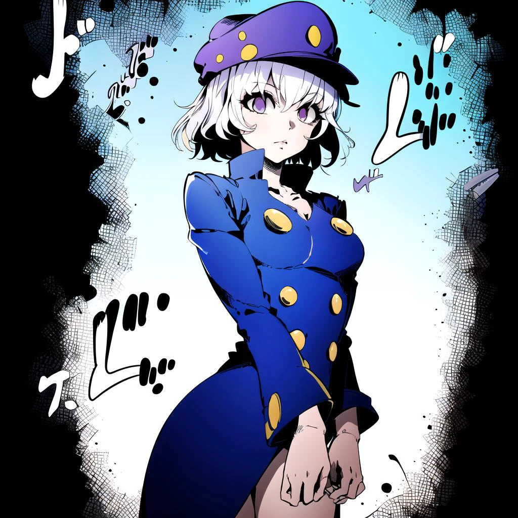masterpiece, best quality, neferpitou1, <lora:neferpitou_v1:0.8>, MenacingJojo, text, Beautiful Art Style, 1girl, young woman, hat, delightful, dungeon, full nelson, <lora:MenacingJojo:1>