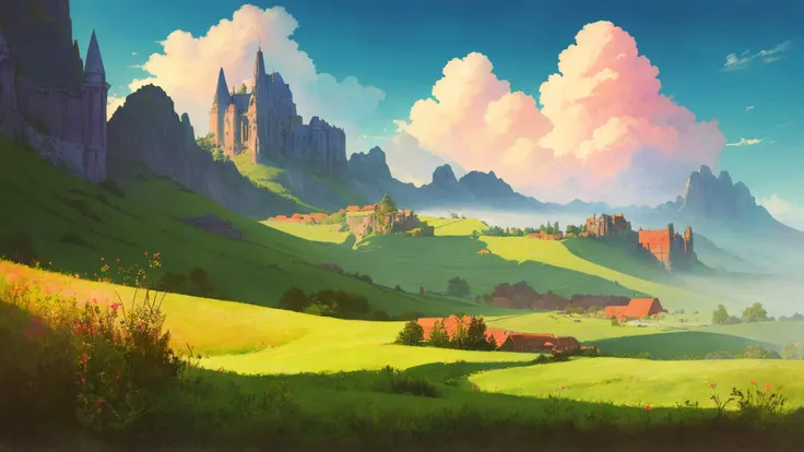 masterpiece, best quality, absurdres, ultra-detailed, intricate, fantasy, pastel artstyle, soft artstyle, landscape, scenery, magic, serene, beautiful, painted clouds, grassy field, dark_fantasy, vignette