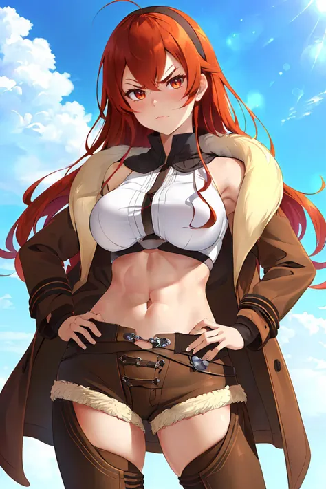 best quality, highres, absurdres, ultra-detailed, <lora:ErisV14:1>, Adult_Eris, 1girl, red_hair, solo, long_hair, breasts, large_breasts, red_eyes, brown_chaps, brown_shorts, navel, hairband, brown_coat_white_fur, midriff, hand_on_hip, inner_thighs, annoyed, tsundere, glaring