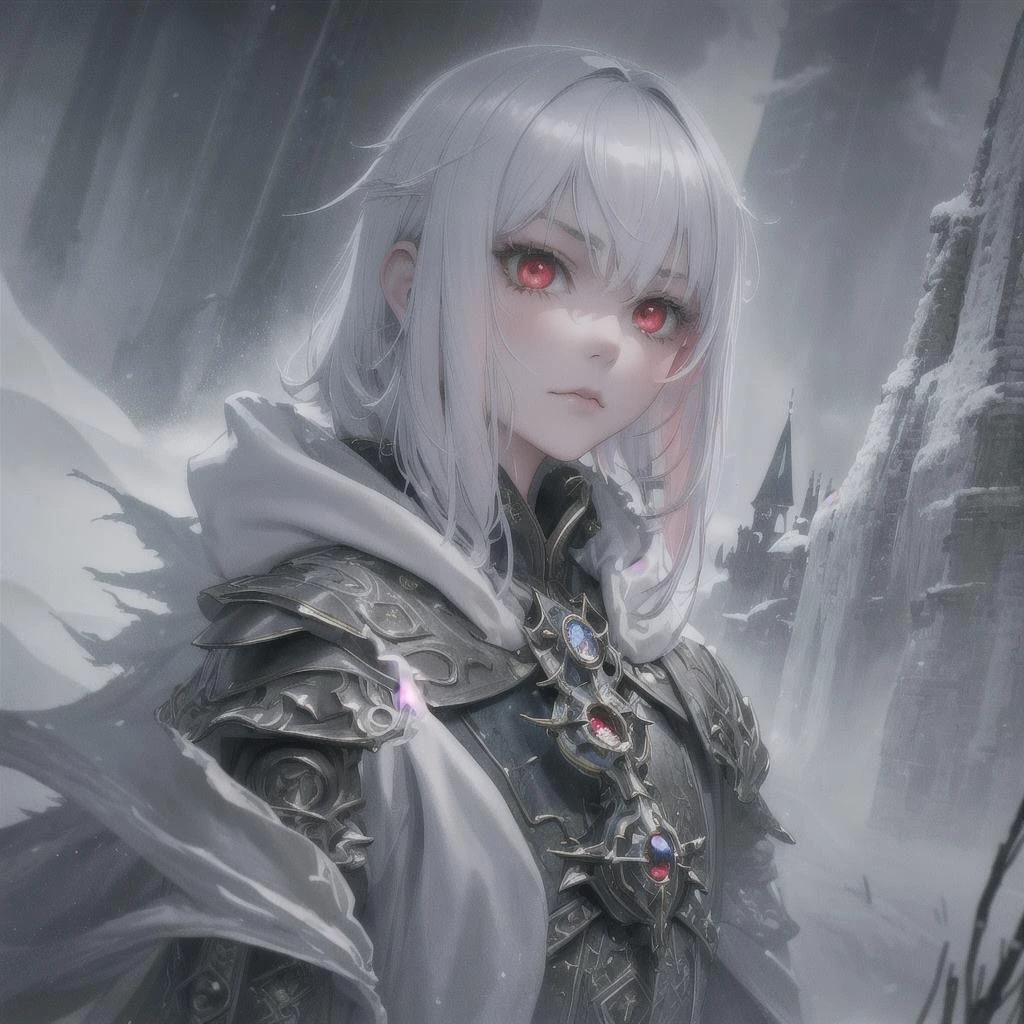 ((best quality)), ((masterpiece)), (detailed), 1girl, alluring girl, ethereal beauty, foggy background, (fantasy illustration:1.3), enchanting gaze, captivating pose, hood style, otherworldly charm, dark theme, snowy weather, (Luis Royo:1.2), (Yoshitaka Amano:1.1), moonlit night, soft colors, (detailed cloudscape:1.3), (high-resolution:1.2), detailed face:1.2, white short hair, shiny red eyes, serious peaky face,