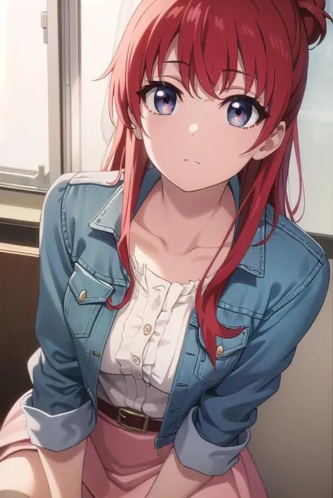 shizukasakaki, <lora:shizuka sakaki s1-lora-nochekaiser:1>,
shizuka sakaki, long hair, blue eyes, red hair, hair bun, single hair bun,
BREAK skirt, jacket, blue jacket, white shirt, frills, frilled shirt, pink skirt, belt, denim jacket,
BREAK indoors, office,
BREAK looking at viewer, dynamic pose,
BREAK <lyco:GoodHands-beta2:1>, (masterpiece:1.2), best quality, high resolution, unity 8k wallpaper, (illustration:0.8), (beautiful detailed eyes:1.6), extremely detailed face, perfect lighting, extremely detailed CG, (perfect hands, perfect anatomy),