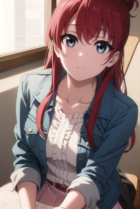shizukasakaki, <lora:shizuka sakaki s1-lora-nochekaiser:1>,
shizuka sakaki, long hair, blue eyes, red hair, hair bun, single hair bun,
BREAK skirt, jacket, blue jacket, white shirt, frills, frilled shirt, pink skirt, belt, denim jacket,
BREAK indoors, office,
BREAK looking at viewer, dynamic pose,
BREAK <lyco:GoodHands-beta2:1>, (masterpiece:1.2), best quality, high resolution, unity 8k wallpaper, (illustration:0.8), (beautiful detailed eyes:1.6), extremely detailed face, perfect lighting, extremely detailed CG, (perfect hands, perfect anatomy),