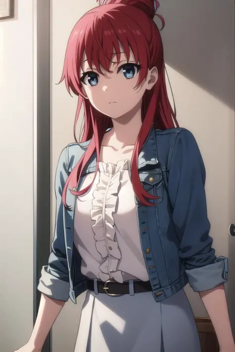 shizukasakaki, <lora:shizuka sakaki s1-lora-nochekaiser:1>,
shizuka sakaki, long hair, blue eyes, red hair, hair bun, single hair bun,
BREAK skirt, jacket, blue jacket, white shirt, frills, frilled shirt, pink skirt, belt, denim jacket,
BREAK indoors, office,
BREAK looking at viewer, dynamic pose,
BREAK <lyco:GoodHands-beta2:1>, (masterpiece:1.2), best quality, high resolution, unity 8k wallpaper, (illustration:0.8), (beautiful detailed eyes:1.6), extremely detailed face, perfect lighting, extremely detailed CG, (perfect hands, perfect anatomy),