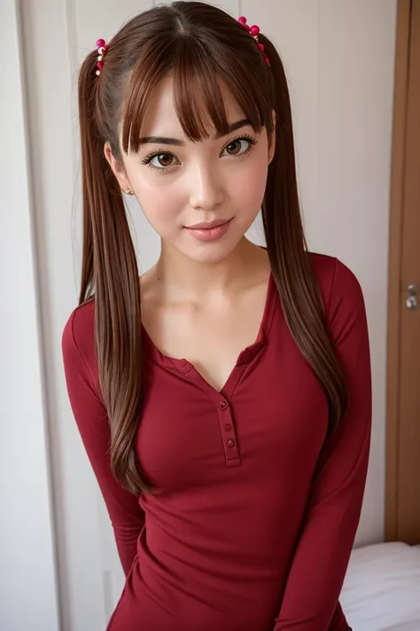 julia, 1girl, twintails, brown hair, dark red outfit <lora:juliaAP1.0:0.4>