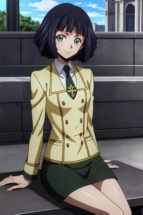(masterpiece, best quality:1.2), highres, anime screencap, anime coloring, 1girl, solo, head tilt, seductive smile, 
YKW_V1, blue hair, short hair, bob cut, blunt bangs, green eyes, 
ashford academy school uniform, yellow jacket, long sleeves, green necktie, black skirt, pencil skirt, miniskirt, 
sitting on bench, 
outdoors, park, park bench, looking at viewer, 
<lora:add_detail_CyberAlchemist:0.4>, <lora:GoodHands-beta2:0.8>, <lora:YKWV1-000009:0.8>