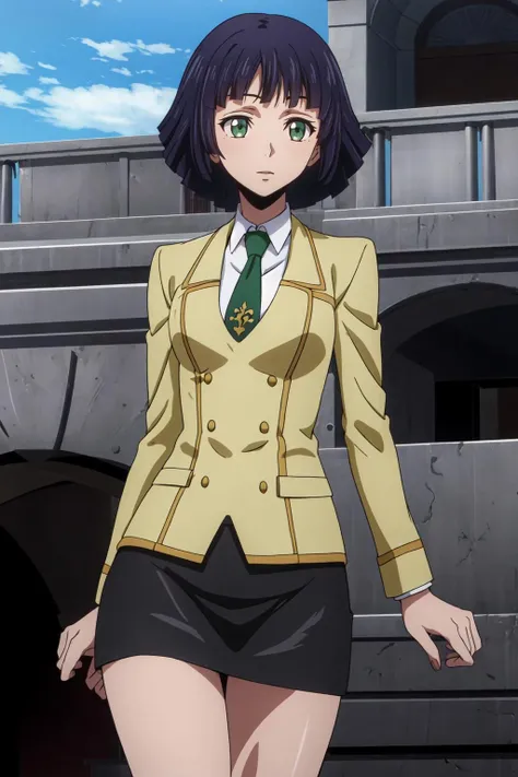(masterpiece, best quality:1.2), highres, anime screencap, anime coloring, 1girl, solo, head tilt, confused,
YKW_V1, mature female, blue hair, purple hair, short hair, bob cut, blunt bangs, green eyes, medium breasts,
BREAK ashford academy school uniform, yellow jacket, long sleeves, green necktie, black skirt, pencil skirt, miniskirt, blue socks, black loafers,
outdoors, school,
<lora:add_detail_CyberAlchemist:0.4>, <lora:GoodHands-beta2:0.8>, <lora:YKWV1-000009:0.8>