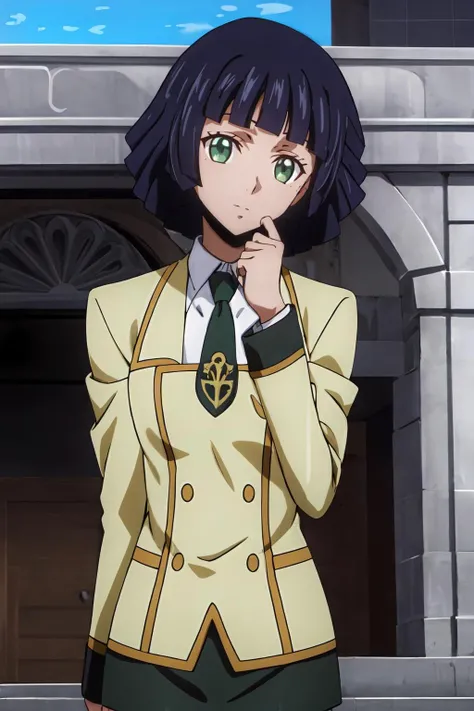 (masterpiece, best quality:1.2), highres, anime screencap, anime coloring, 1girl, solo, head tilt, confused,
YKW_V1, blue hair, short hair, bob cut, blunt bangs, green eyes,
ashford academy school uniform, yellow jacket, long sleeves, green necktie, black skirt, pencil skirt, miniskirt,
looking at viewer, portrait, close-up face,
outdoors,
<lora:add_detail_CyberAlchemist:0.4>, <lora:GoodHands-beta2:0.8>, <lora:YKWV1-000009:0.8>