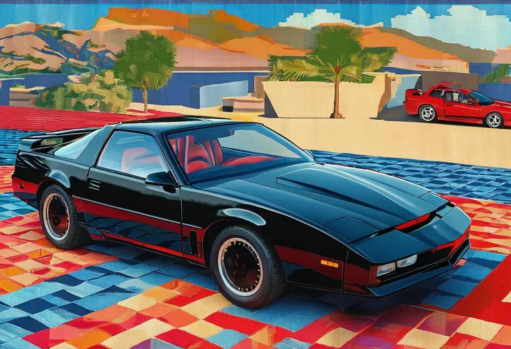 a carpet of kitt1984 car, cel shaded, made in ths_tapestry  style with a pattern in the background  <lora:ths_tapestry XL:1> <lora:kitt1984XL:0.6>